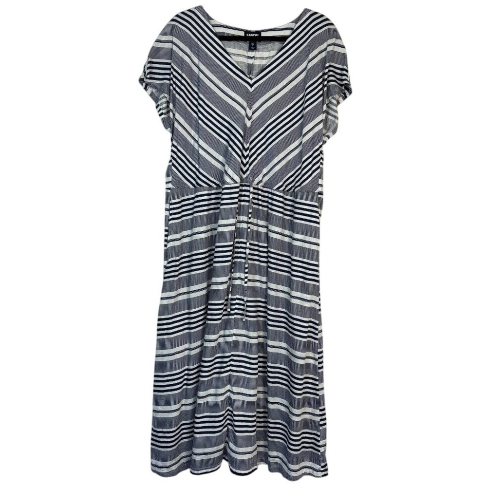 Lands' End Dress‎ Womens Tencel XL Navy White Striped Tie Waist Lyocell Midi